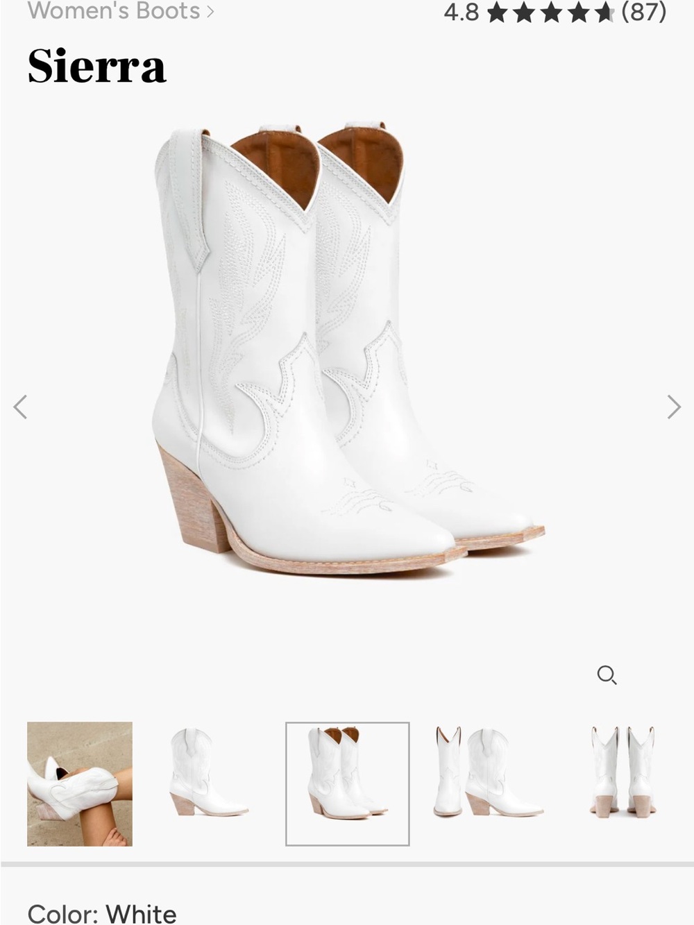 Thursday Boot Company- Sierra 8” Western Boot in White - Size 8US